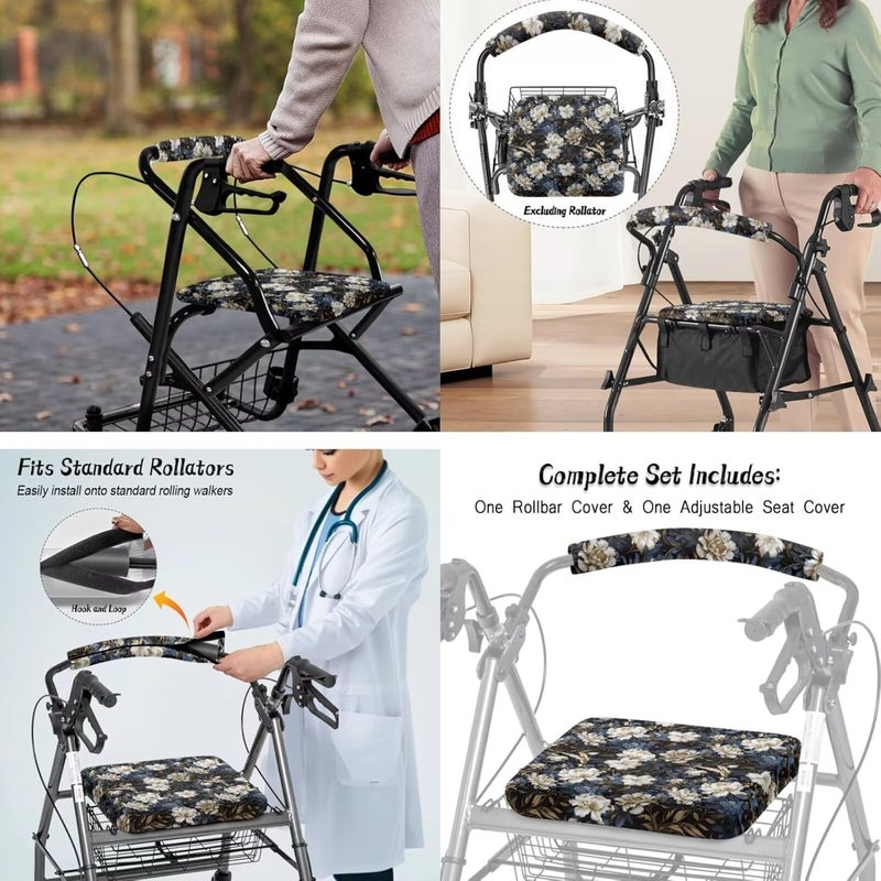 LedBack Vintage Floral Walker Accessories 3 Piece Set Rollator Walker Seat and Backrest Covers, Walker Storage Bags Lightweight Rollator Seat Cushion Covers and Organizer Bag - Image 4